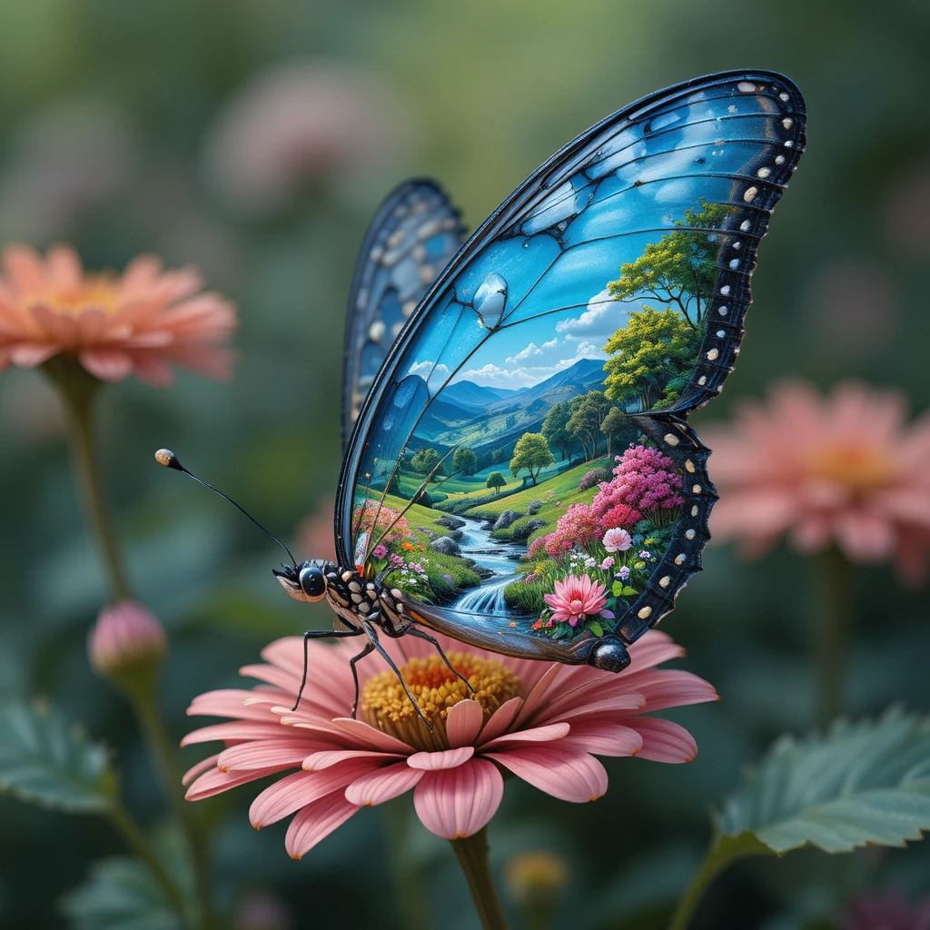 Borboleta com asas de paisagem pousada em uma flor delicada