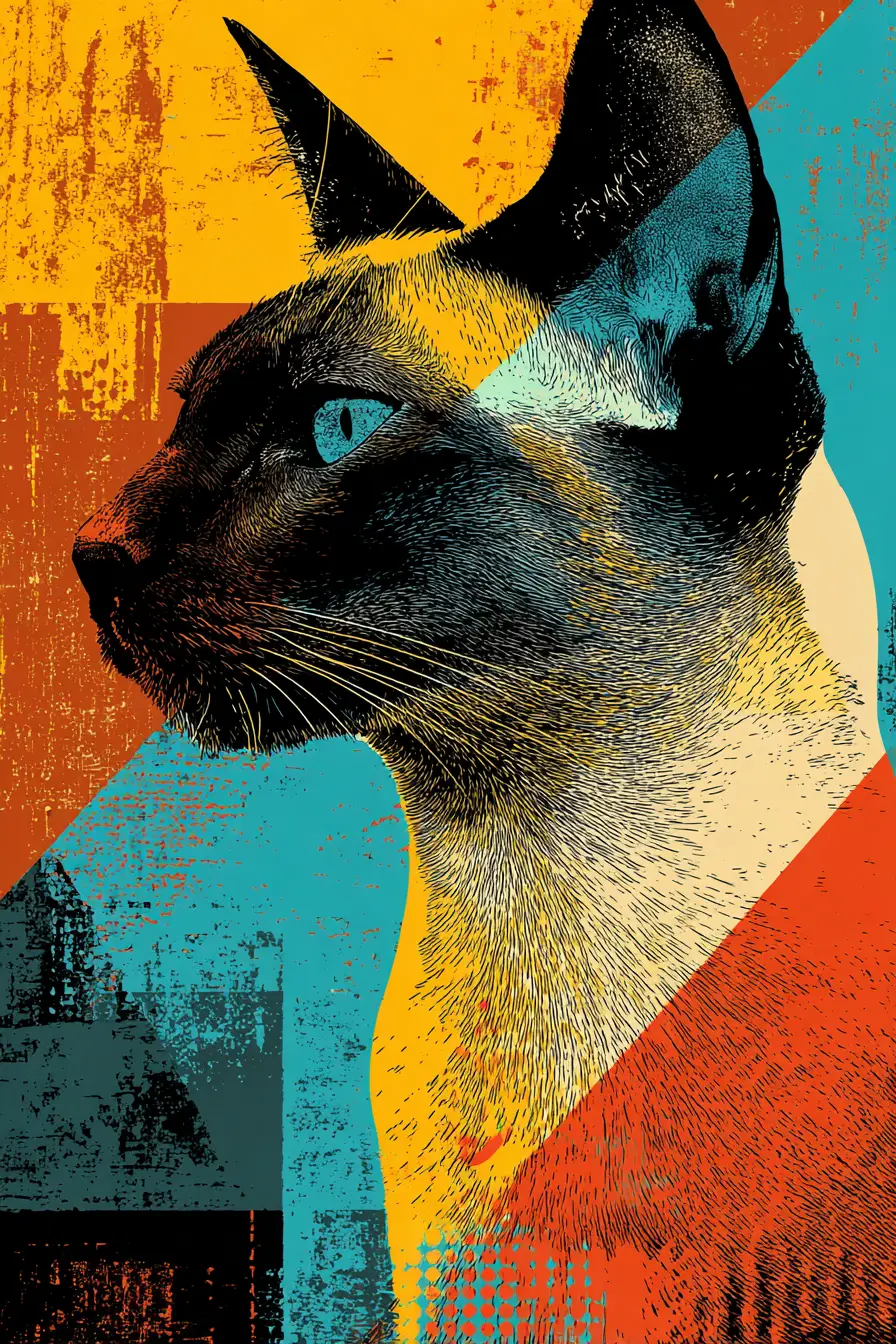 Audace ritratto pop art di un gatto siamese di profilo