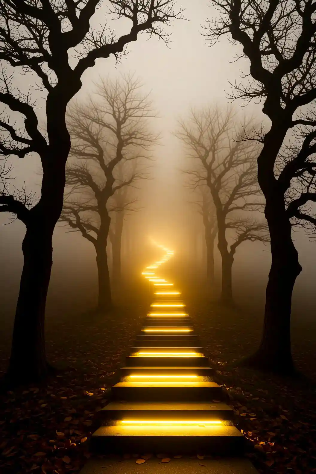 Golden stairway of light winding through a misty forest