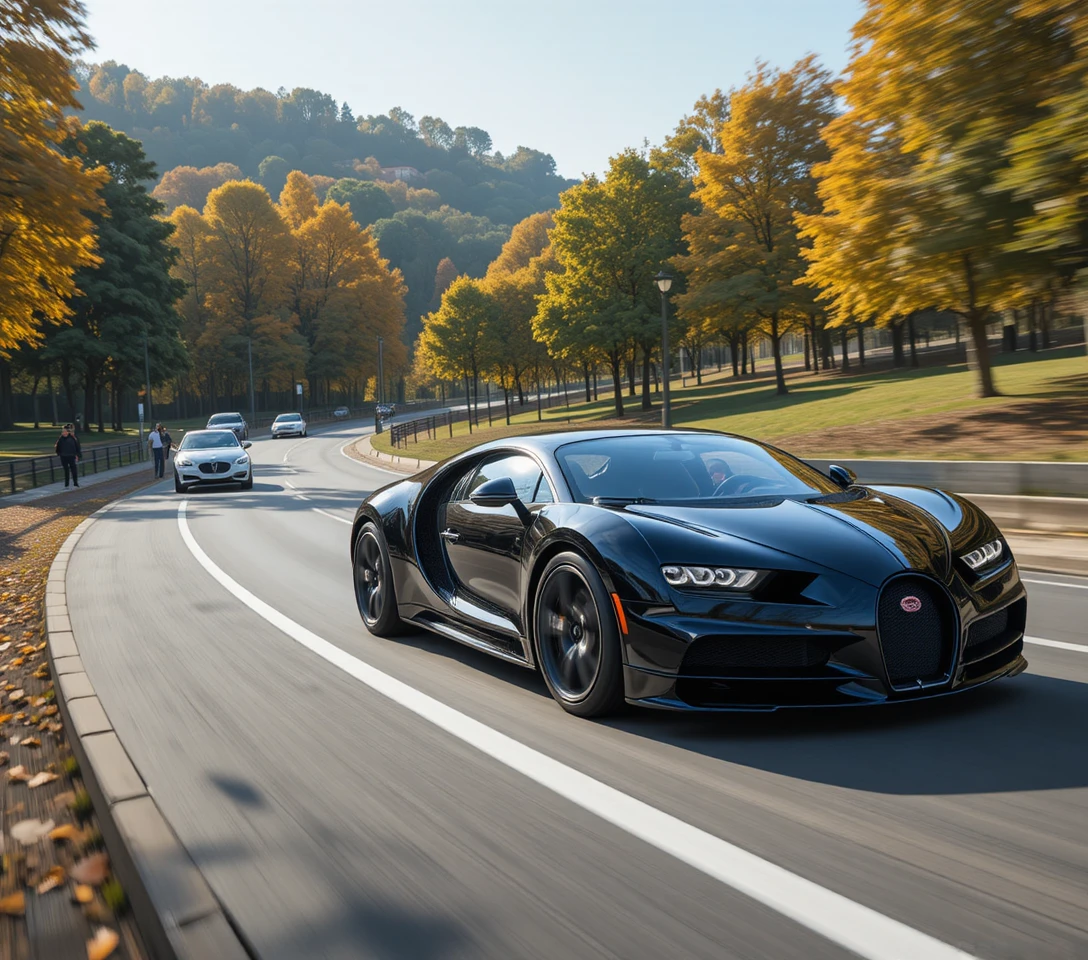 Black luxury sports car racing along winding mountain road