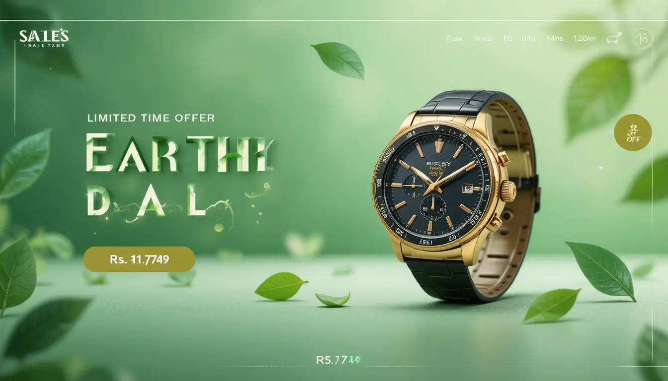 Luxuriöse goldene Armbanduhr auf minimalistischem grünen Earth-Day-Banner