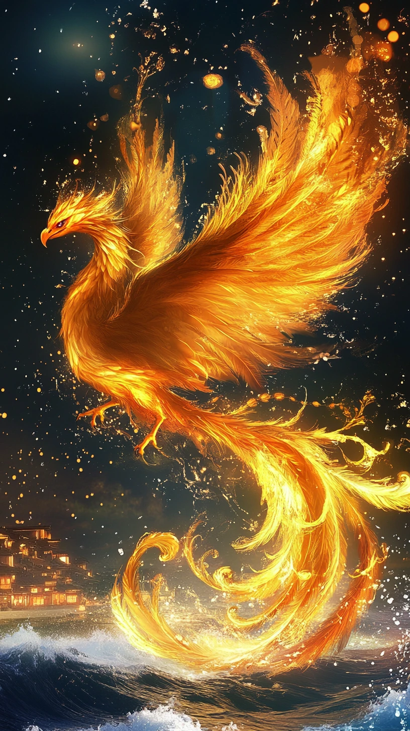 Fênix majestosa surgindo de ondas de fogo ao amanhecer