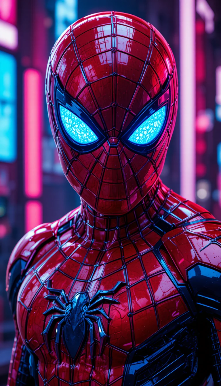 Super-herói futurista em vermelho e azul com fundo neon
