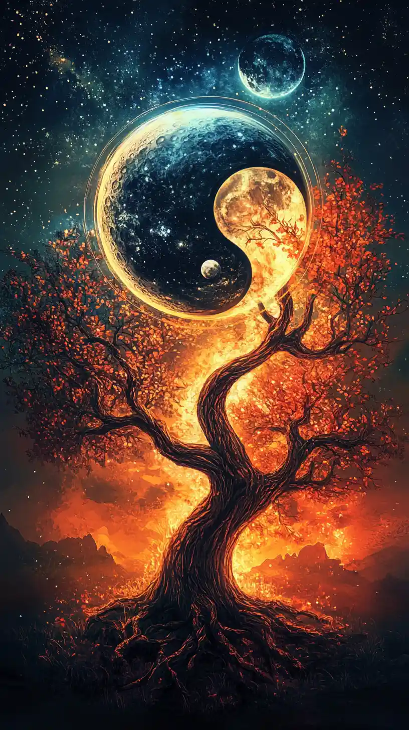 Glowing Yin Yang With Intertwined Dark And Light Trees