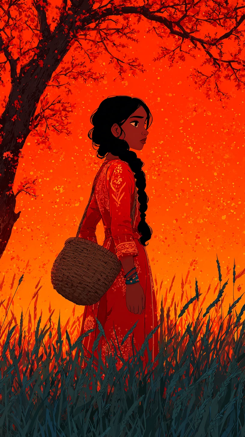 Fille en robe rouge avec panier dans un champ au coucher du soleil