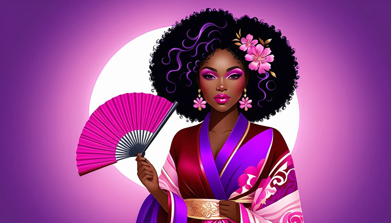 Mulher elegante com leque floral em robe roxo e rosa