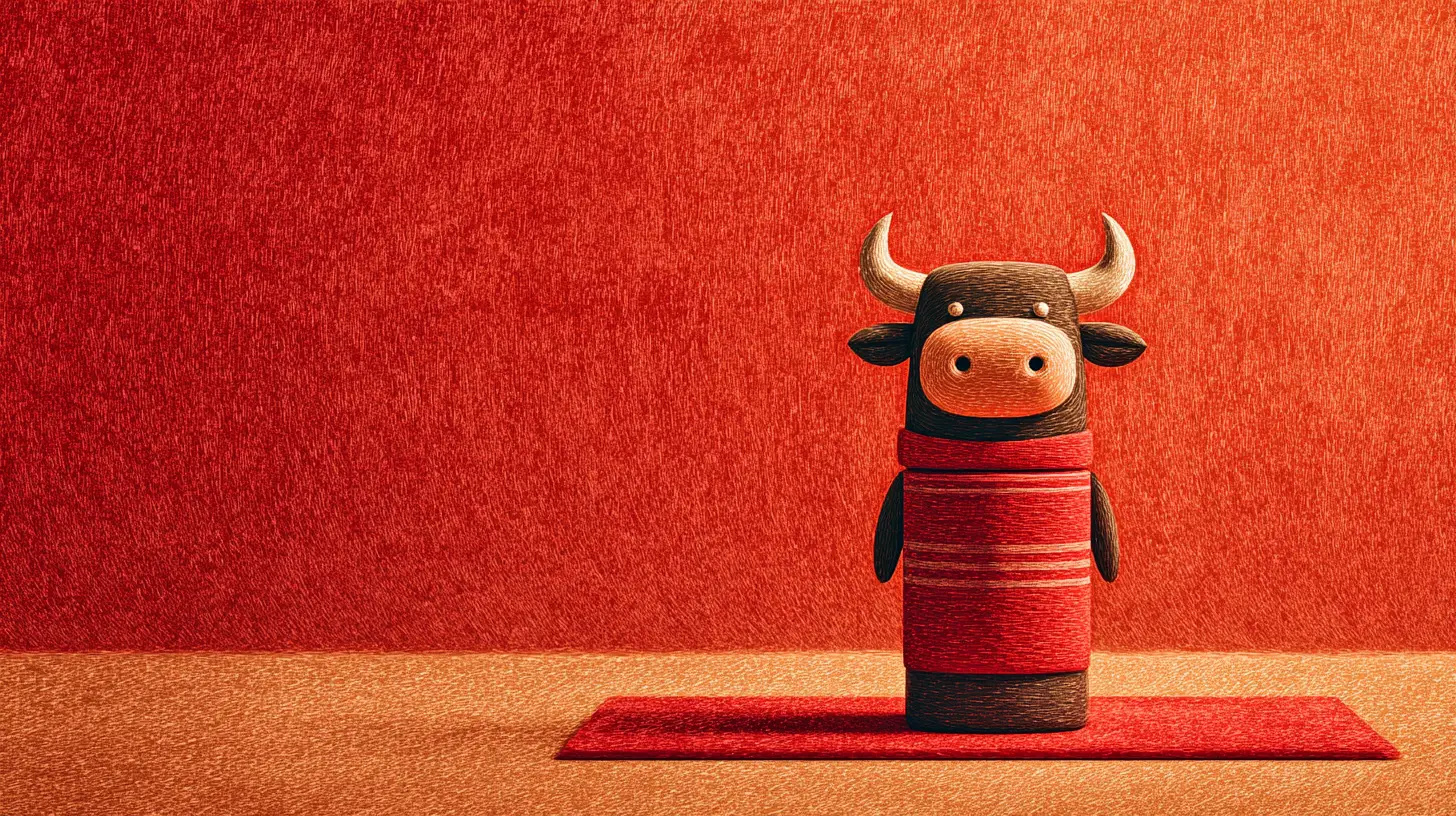 Cartoon bull pez dispenser on a bright red mat