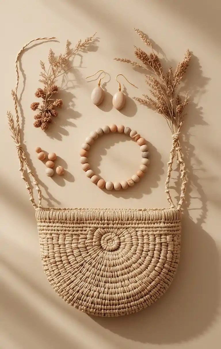 Accesorios naturales en flat lay sobre fondo neutro de estudio