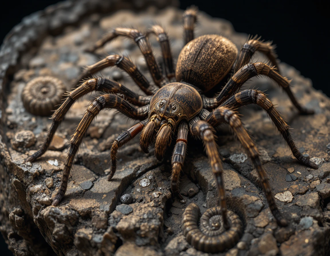 Fotografia macro de um fóssil de tarântula sobre rocha escura