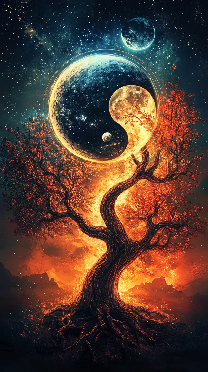 Yin Yang lumineux avec arbres sombres et clairs entrelacés