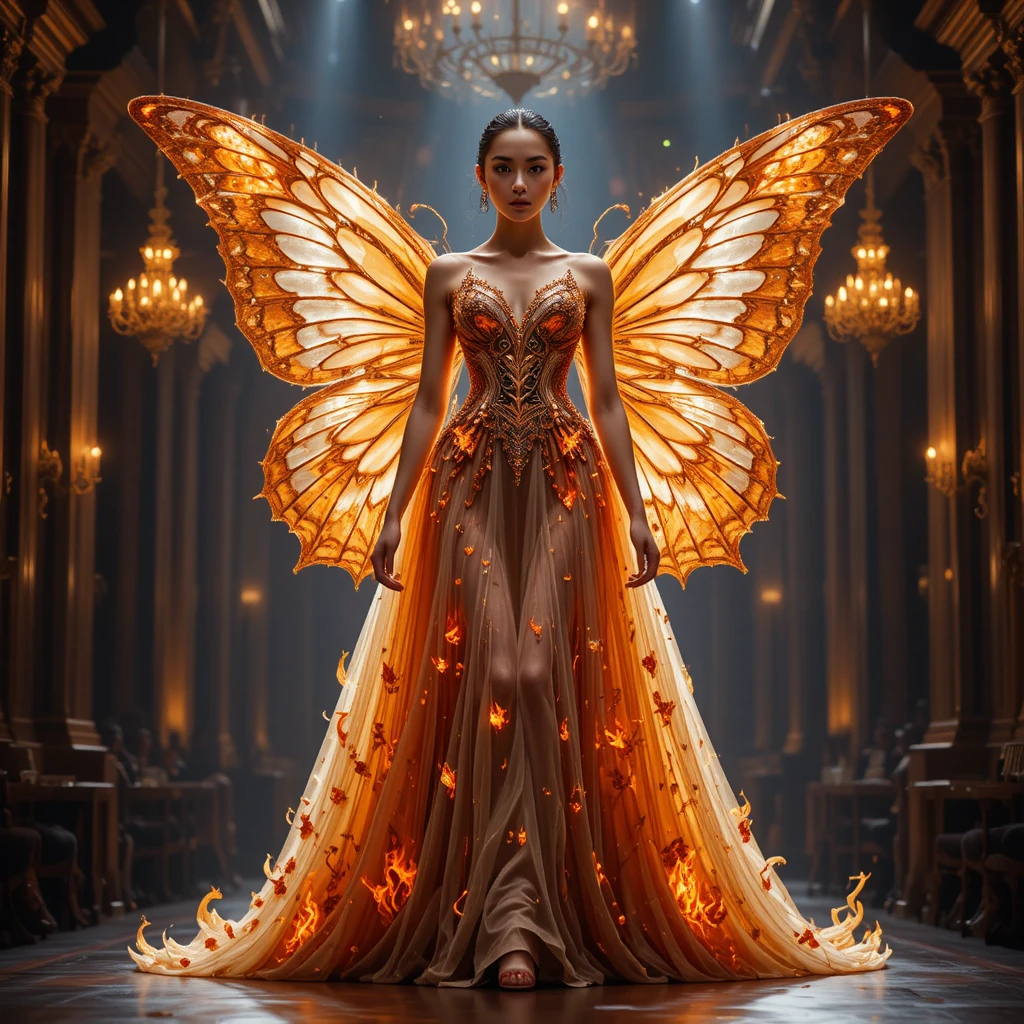 Couturekleid mit Phönix-Schmetterlingsflügeln auf einem dramatischen Laufsteg