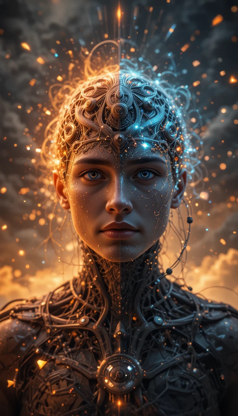 Consciência humana fundindo-se em uma realidade virtual em camadas