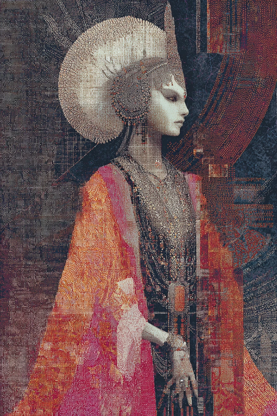 Deusa surreal glamourosa em uma visão fantástica pixelada