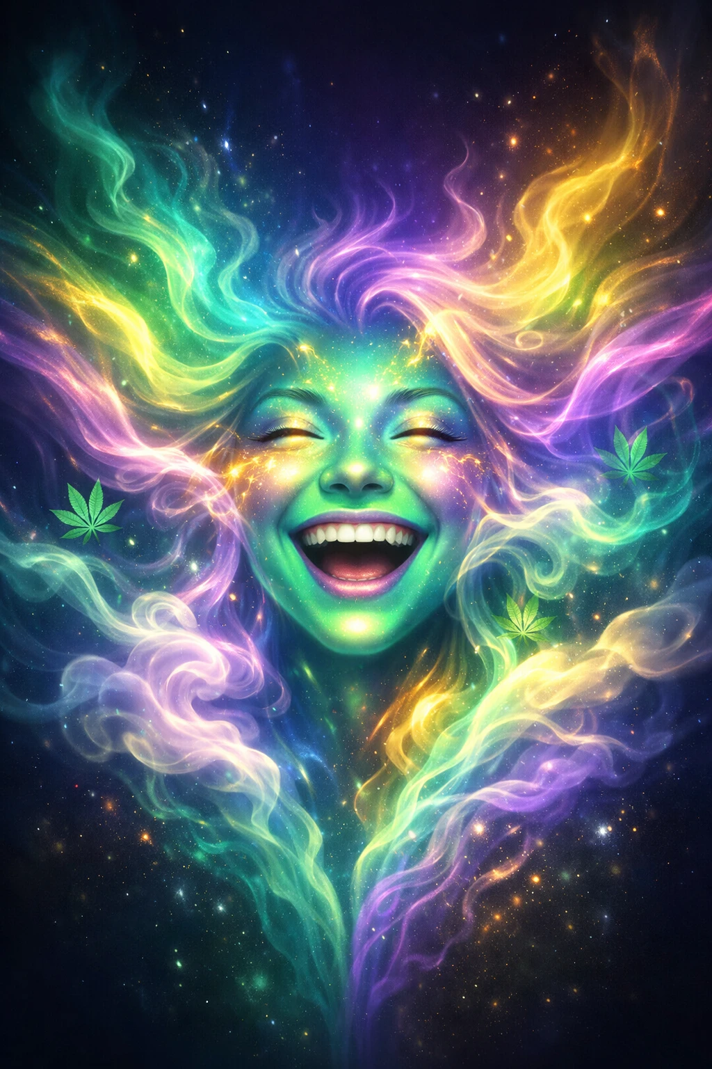 Glowing laughing face with swirling neon cosmic smoke