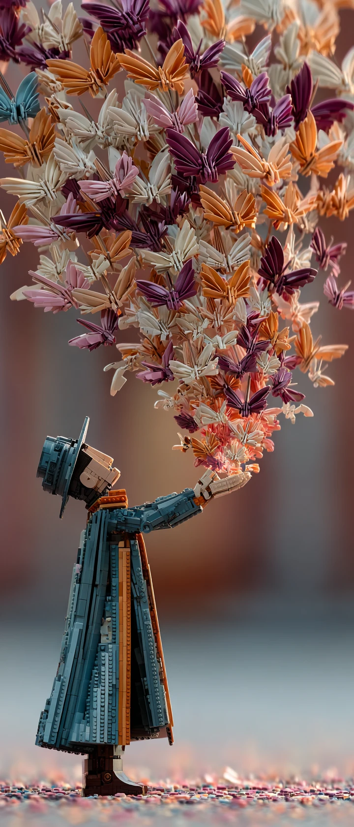 Mago anime che lancia magia surreale su uccelli Lego volanti