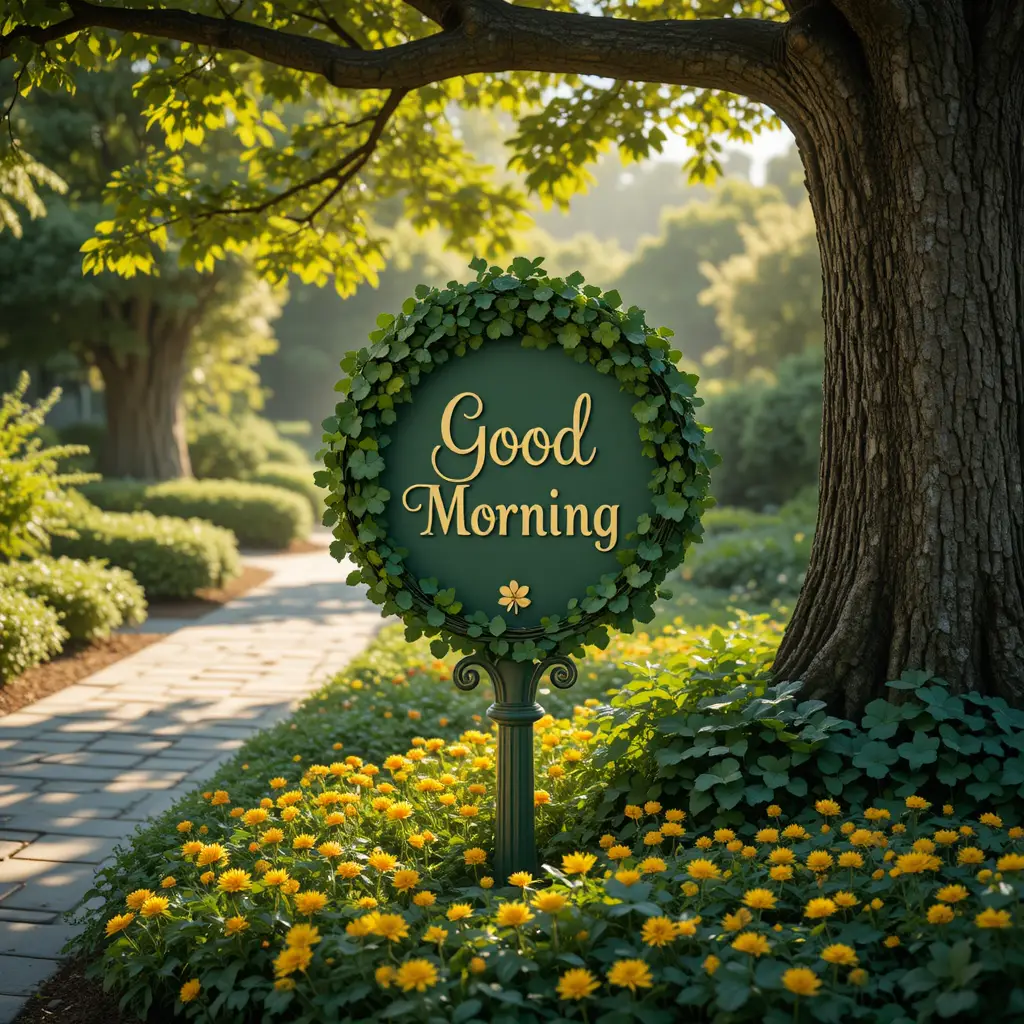 Good morning garden sign surrounded by clovers and flowers