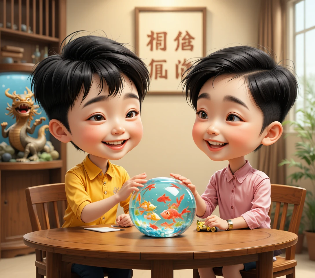 Enfants asiatiques souriants jouant à une table en bois à l’intérieur
