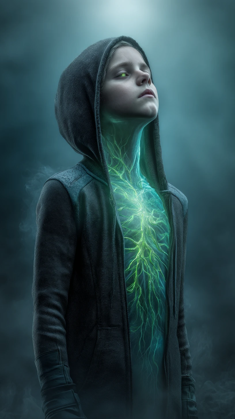 Retrato sci-fi surreal de um humanóide luminoso na névoa