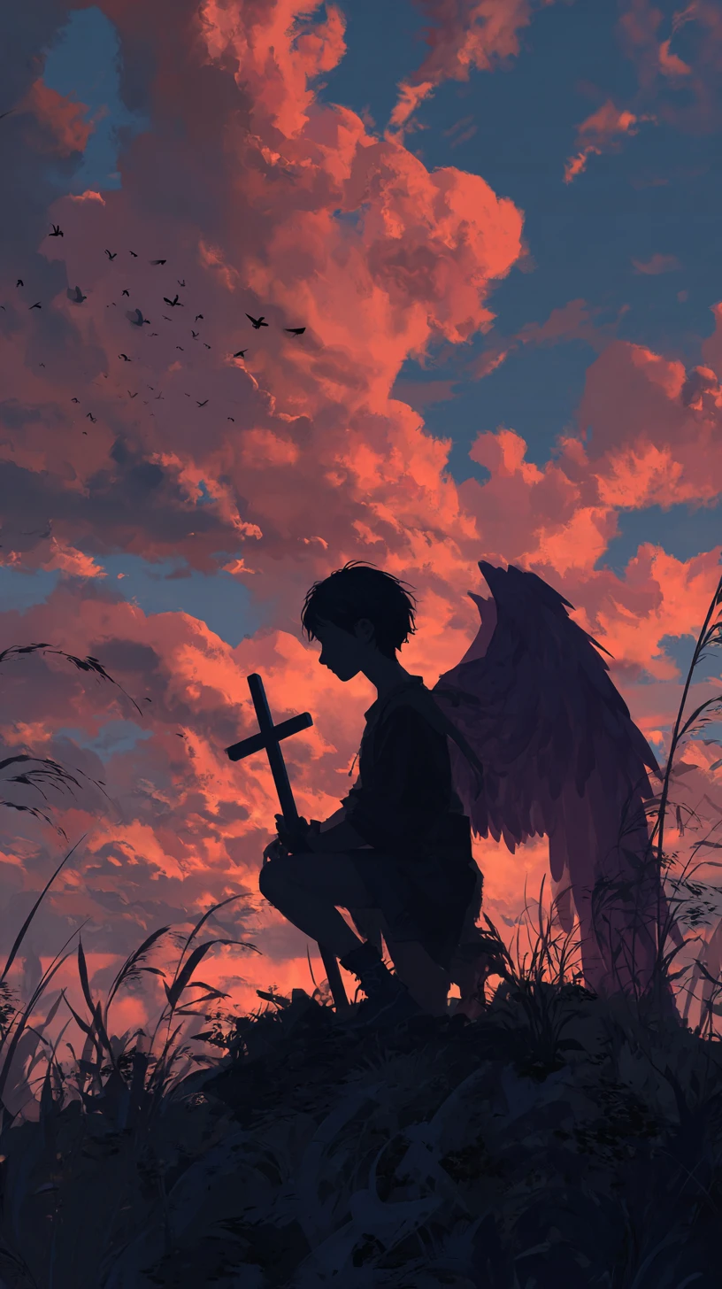 Anjo em silhueta com cruz contra um céu de pôr do sol vibrante