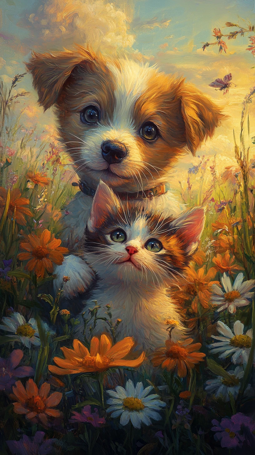 Chiot joueur et chaton dans une peinture de prairie au coucher de soleil de rêve