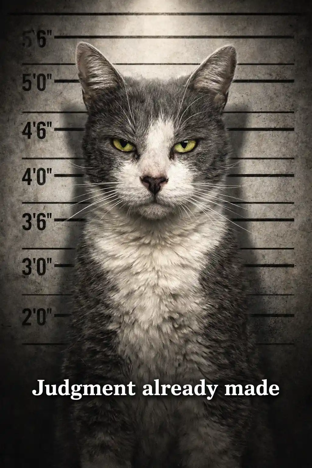 Mischievous cartoon cat mugshot with intense forward stare