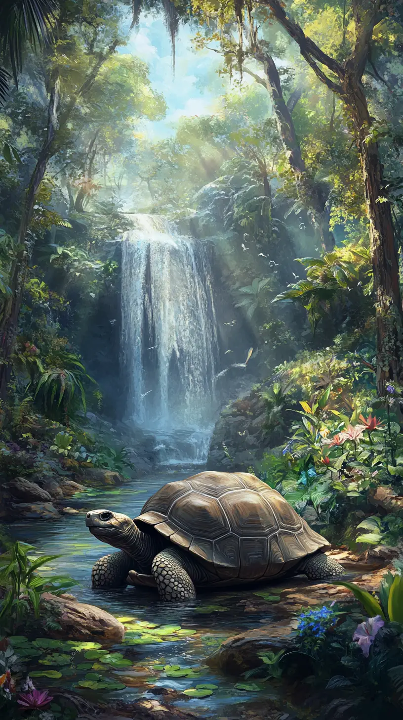 Giant tortoise in a tranquil forest with distant waterfall