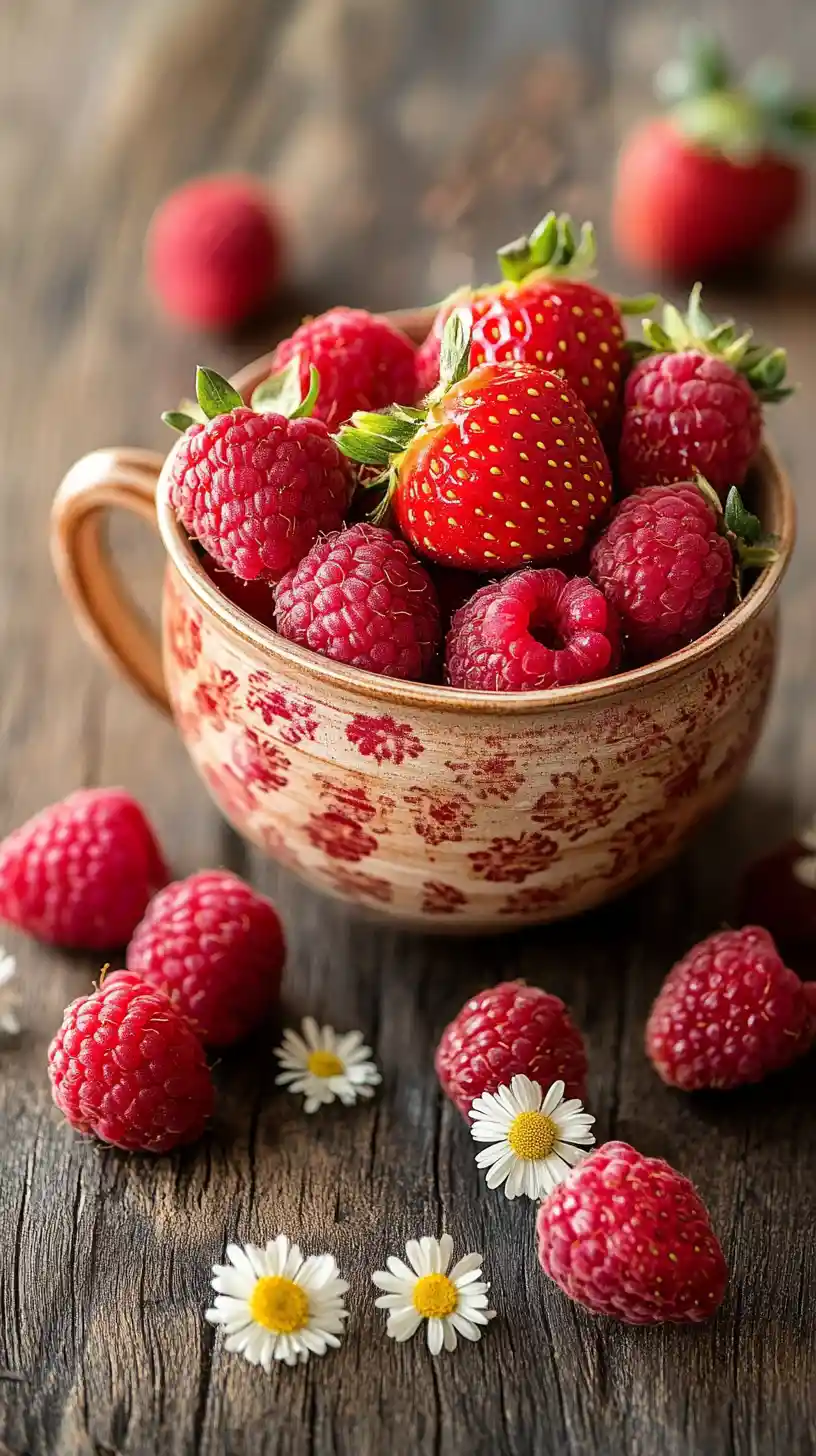 Rustic close up of berries in a vintage cup