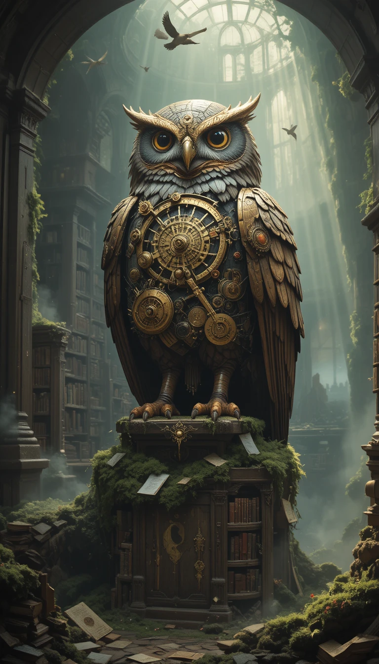 Ancient clockwork owl above a crumbling mossy library