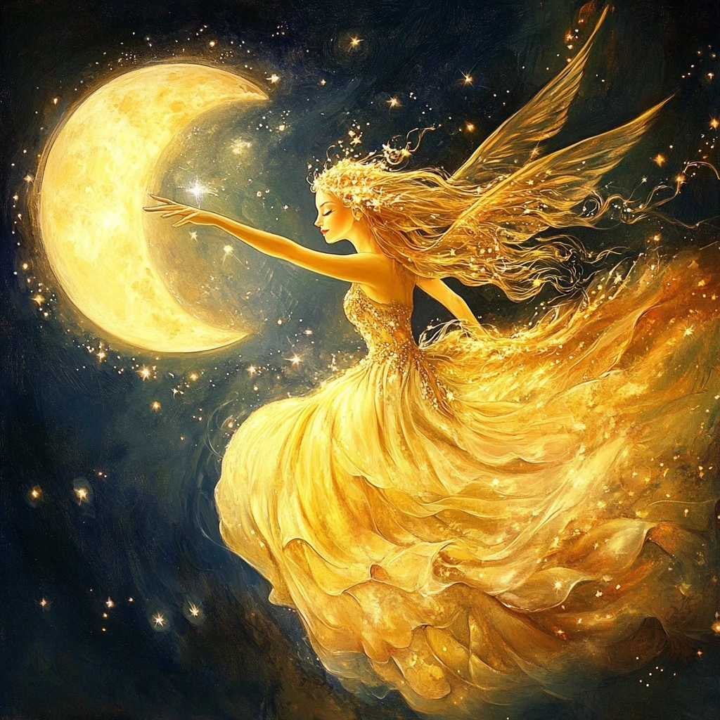 Golden fairy flying through a magical night sky