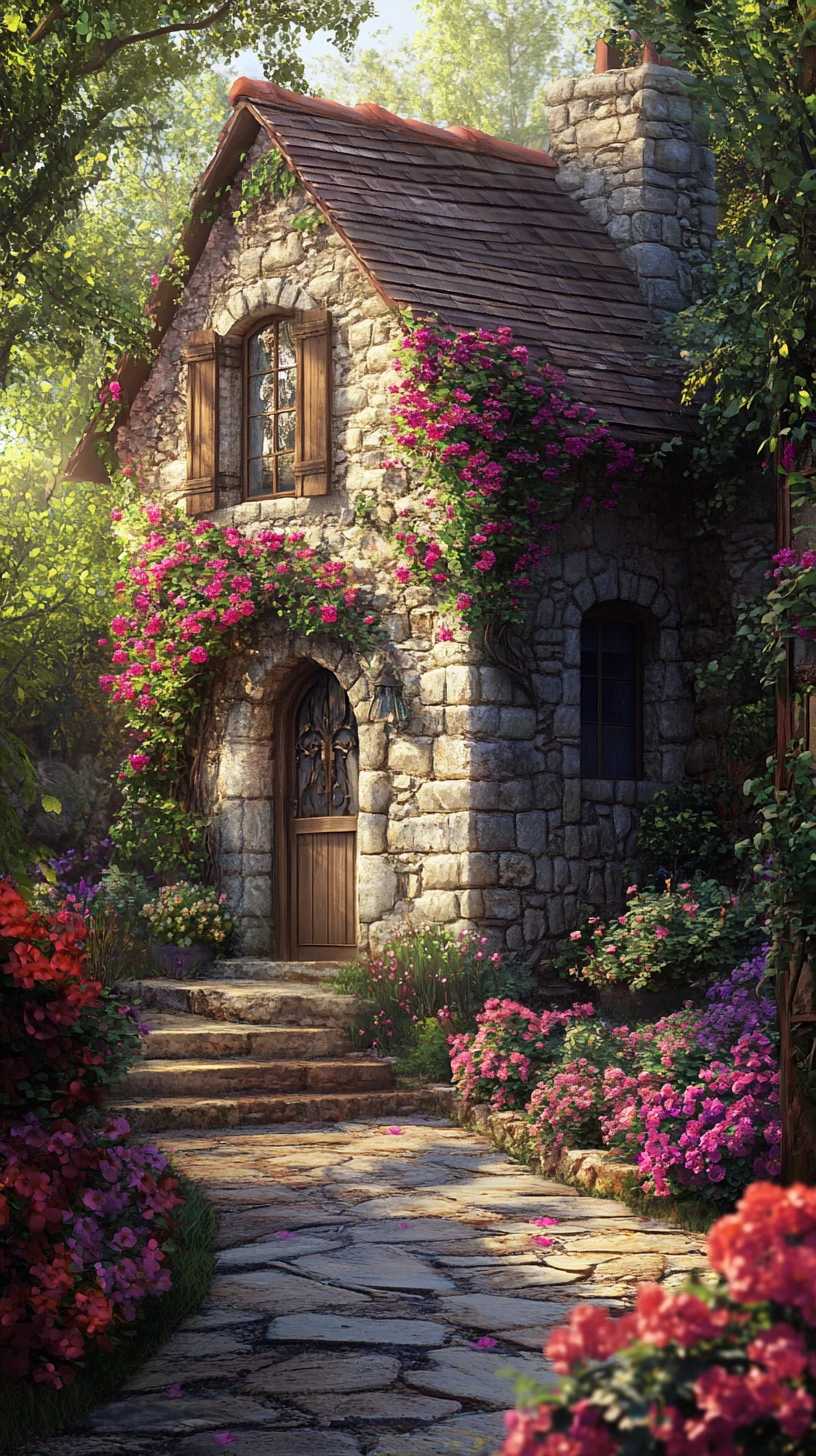 Charmantes Steinhaus, umgeben von Blumen in einem ruhigen Garten