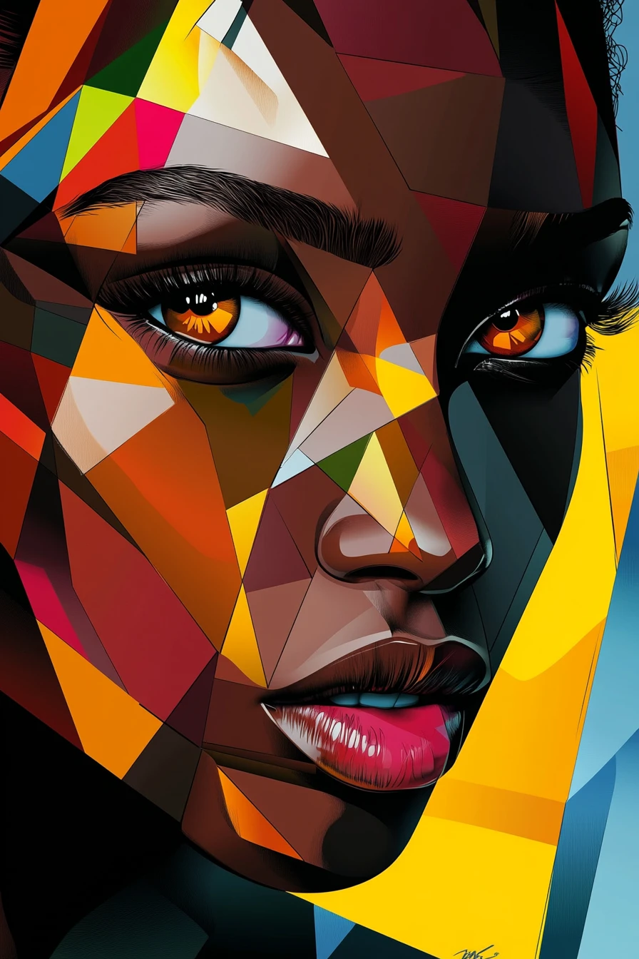 Color block portrait of a woman with striking amber eyes