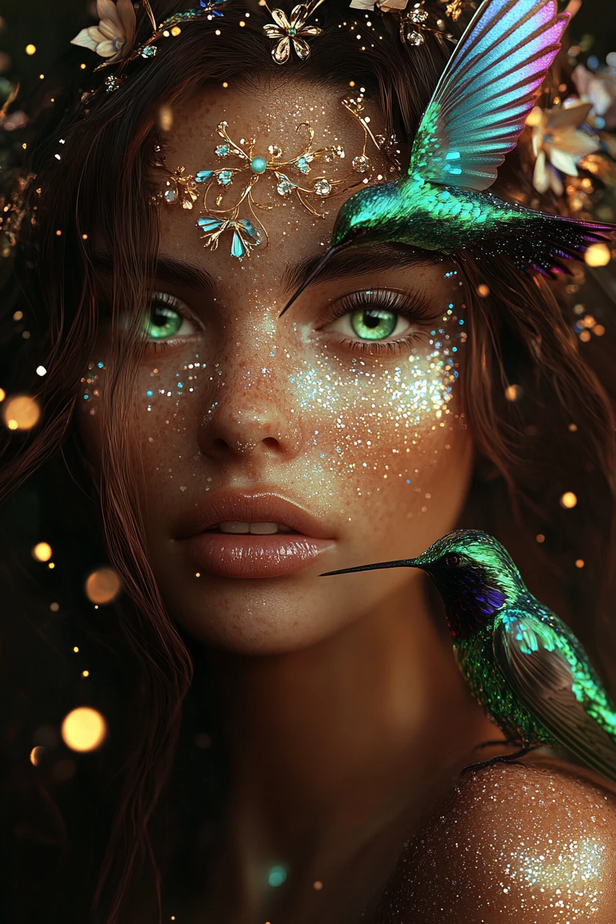 Enchanted woman with jeweled hair and glowing hummingbird