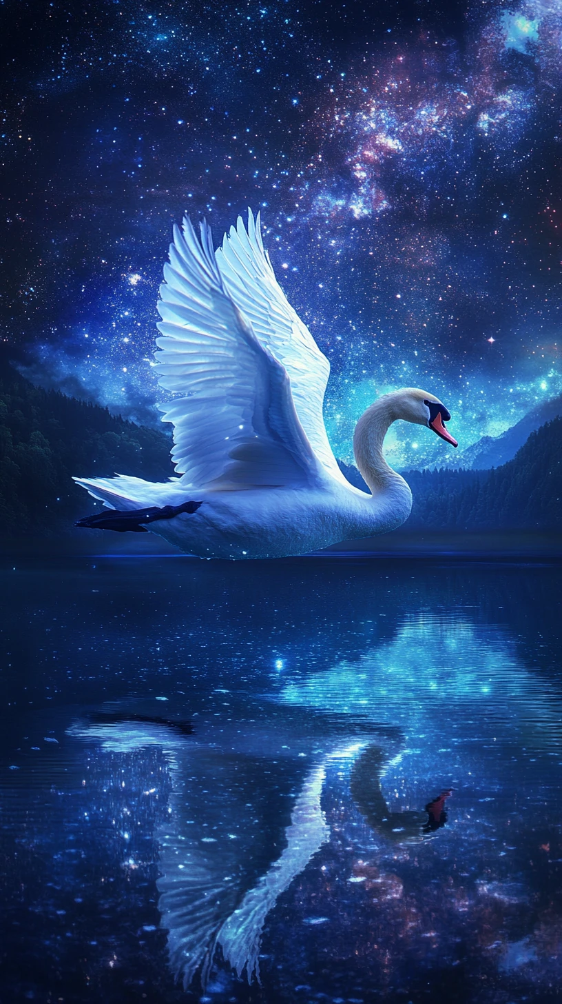 Cygne glissant sur un lac miroir sous un ciel étoilé