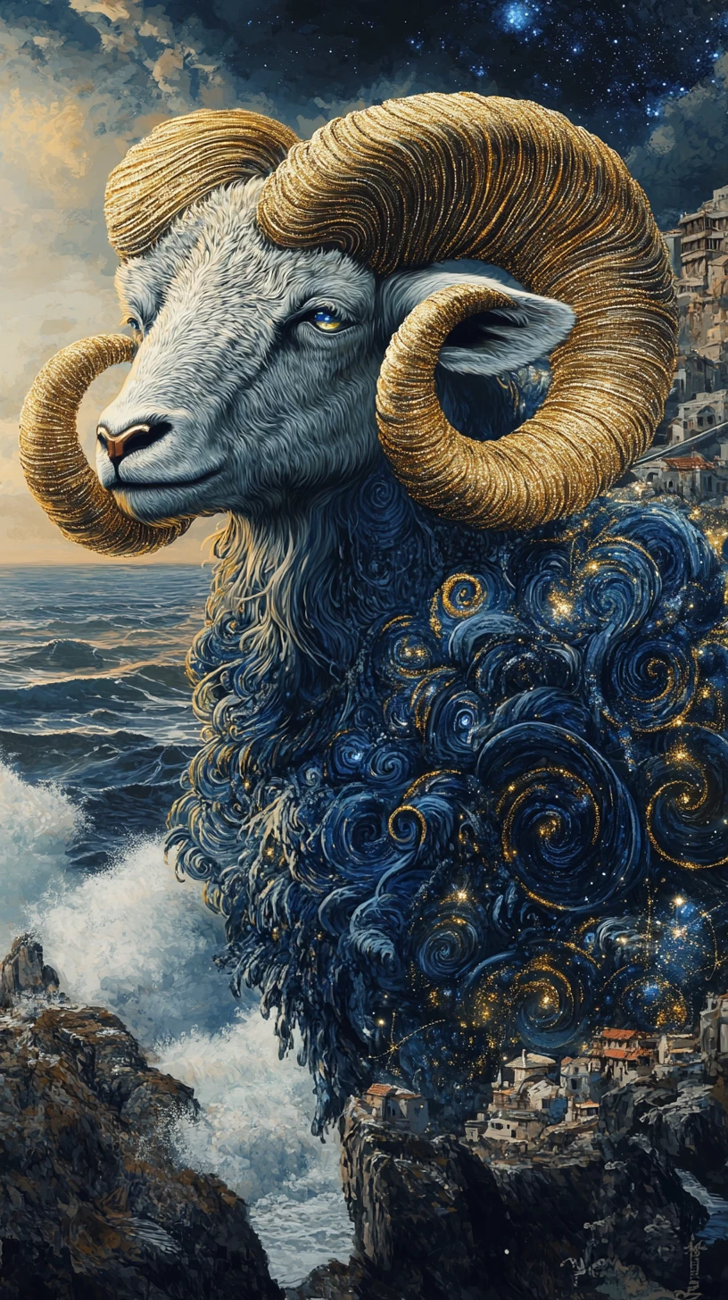 Cosmic horned ram overlooking a quiet coastal village