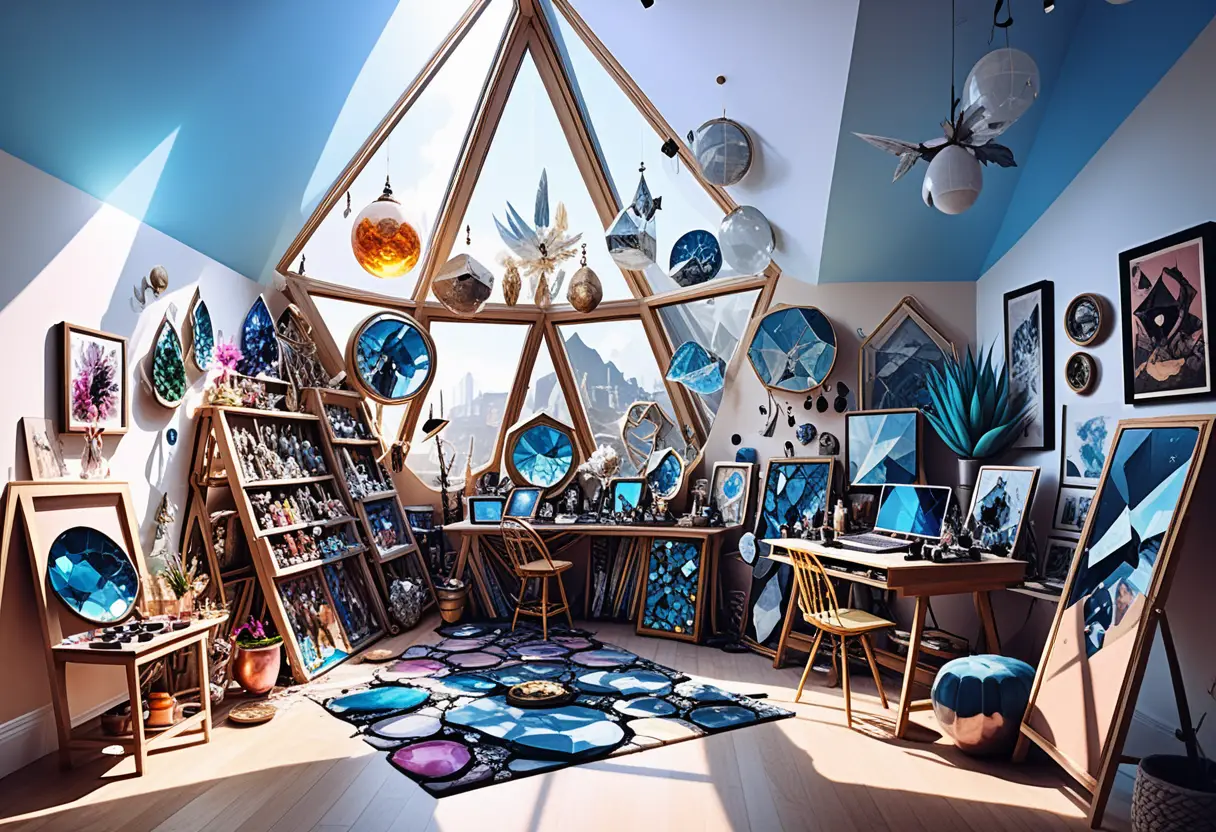 Studio loft solarpunk con tela e espositori di cristalli