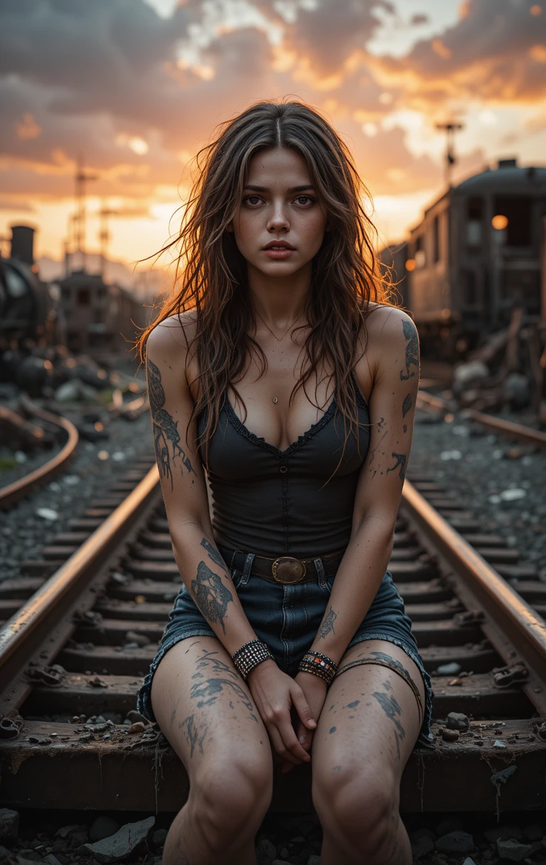Young woman on ruined train tracks at dramatic sunset