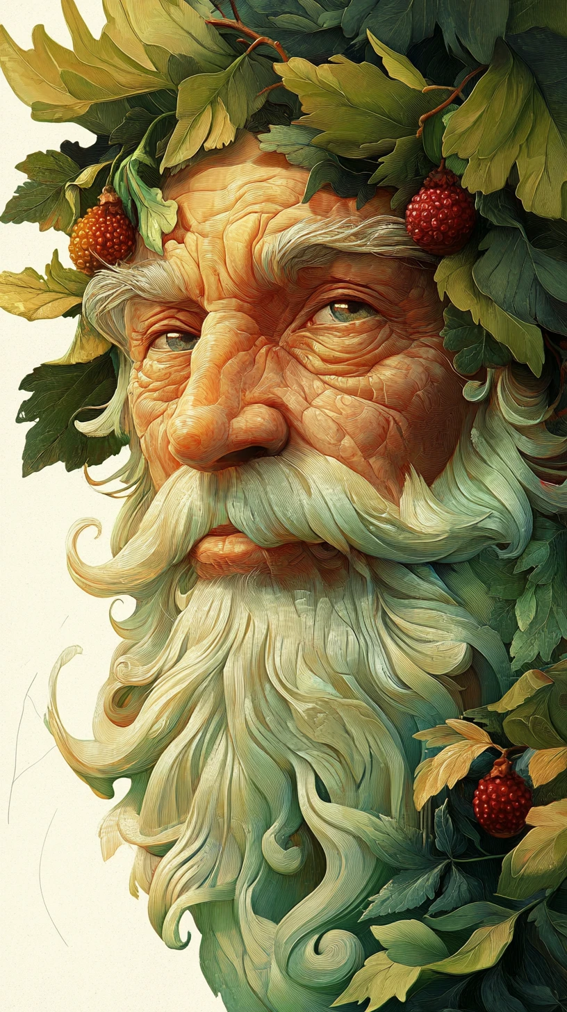 Retrato pontilhista de um velho sábio com coroa de folhas