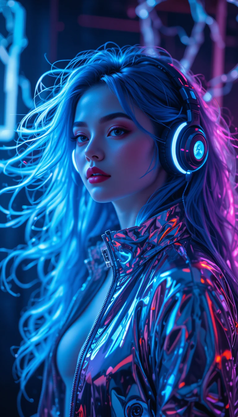Neon haired dancer of light in a futuristic city