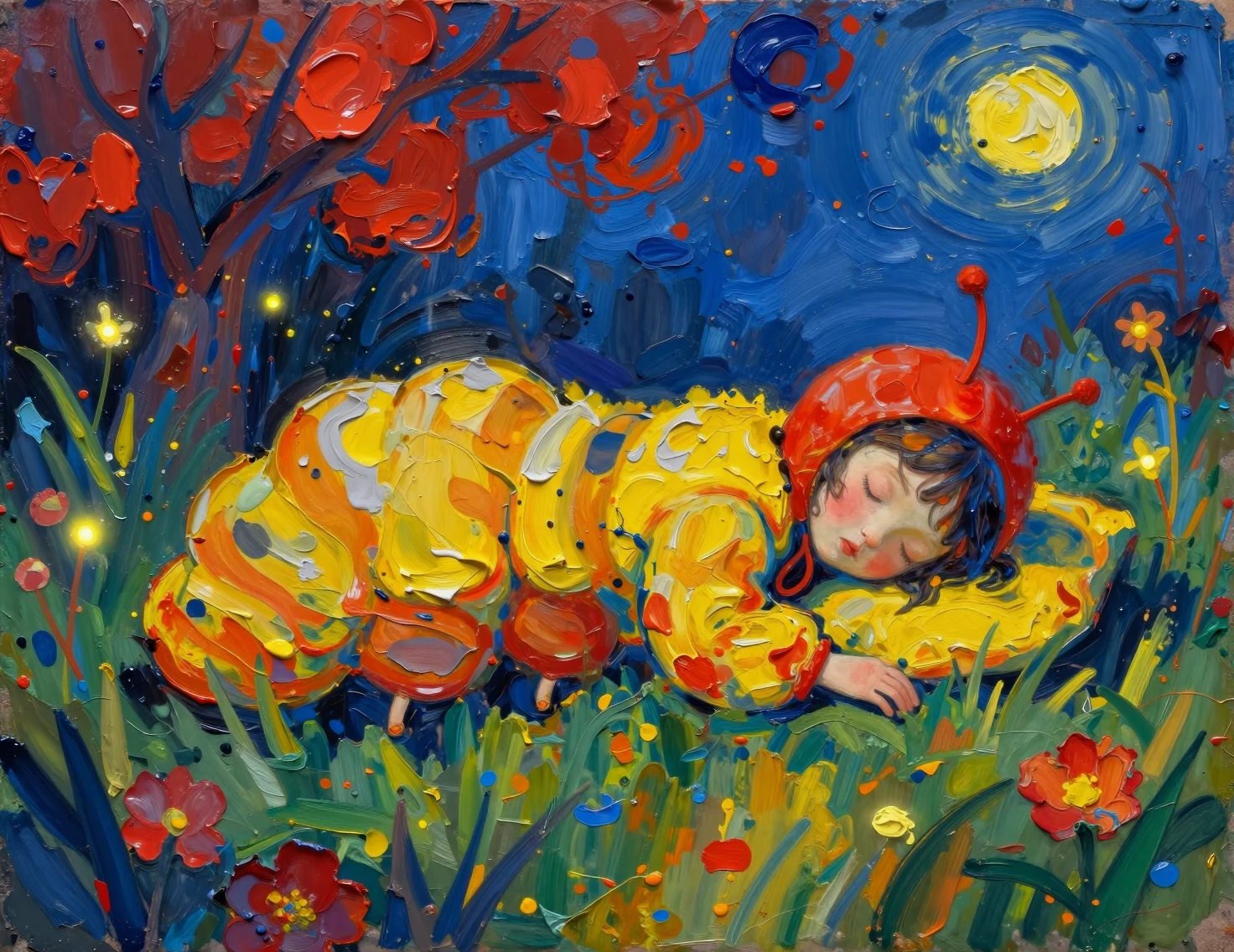 Sleeping girl in a caterpillar costume in a flower meadow