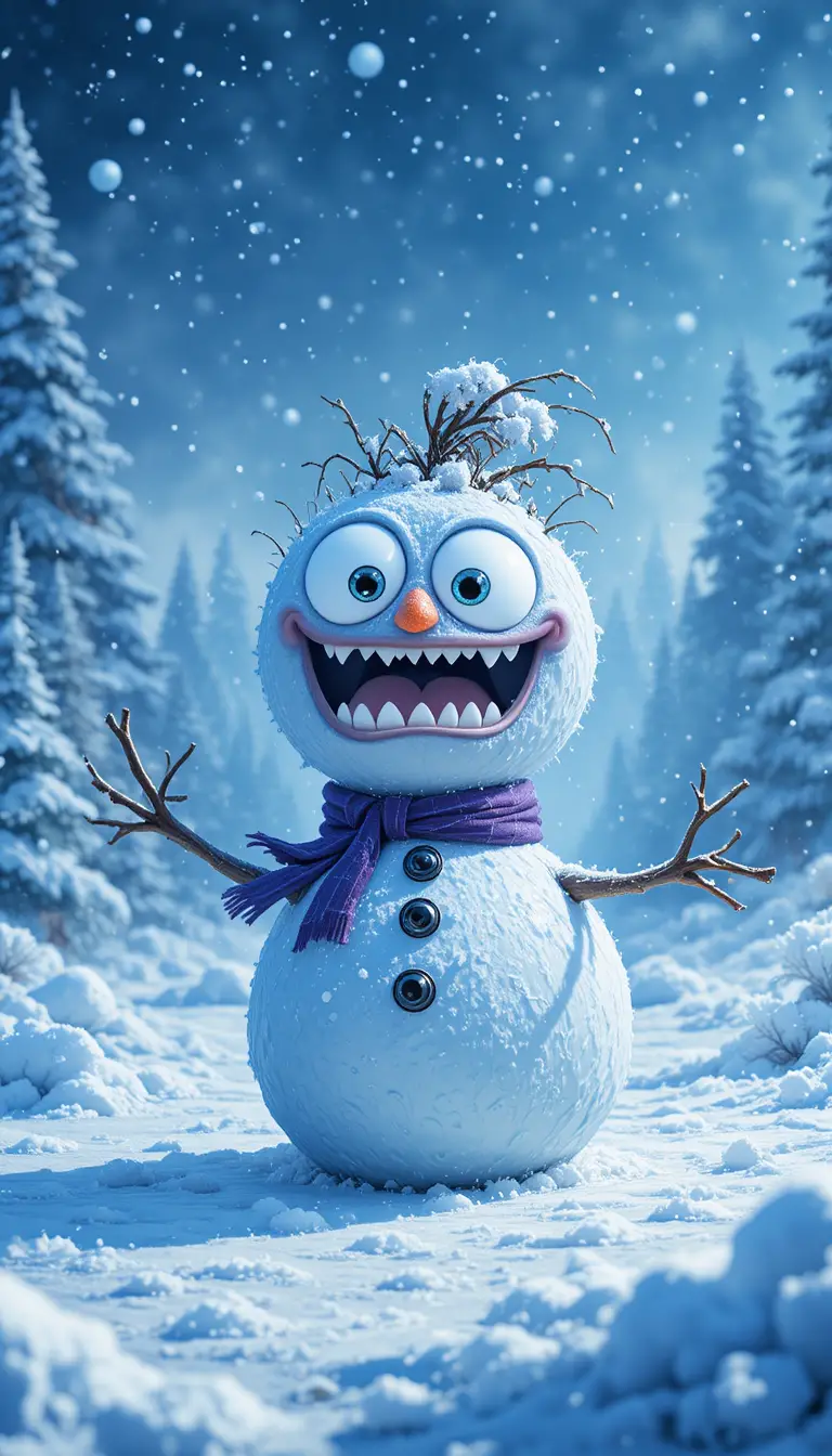 Cartoon snowman in a whimsical frozen winter landscape