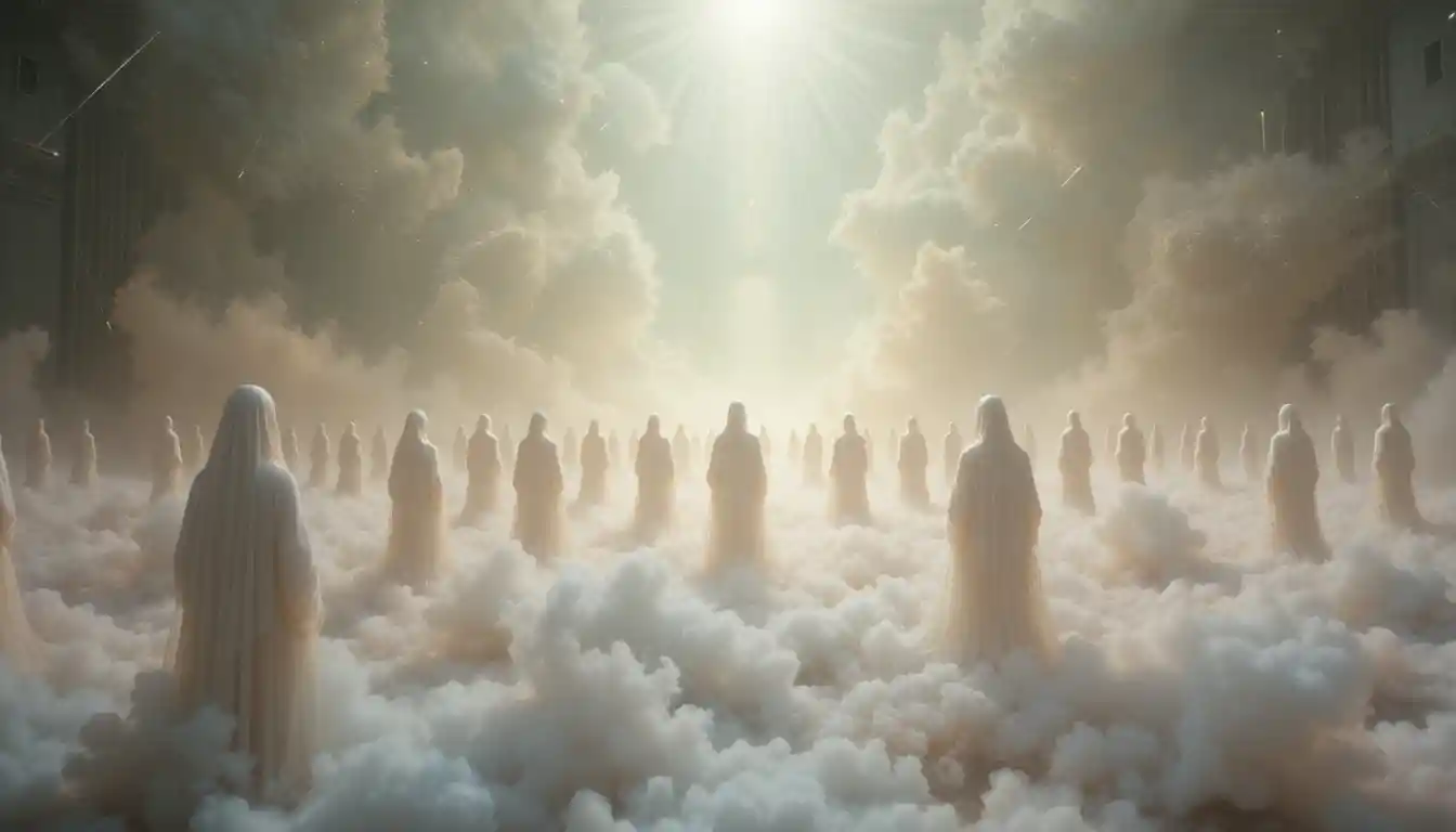 Ethereal light silhouettes dissolving into shifting abstract void