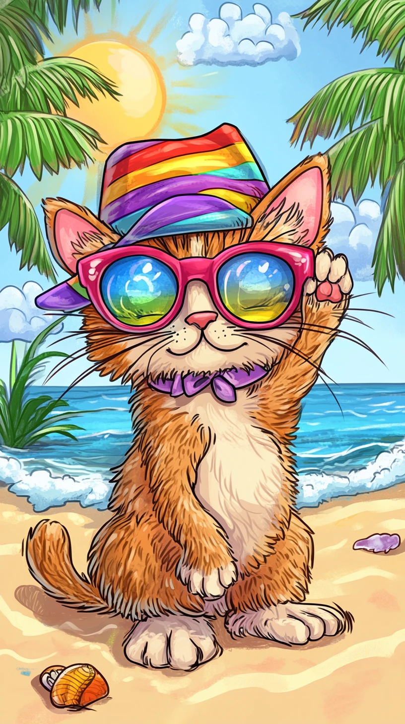 Gato Cartoon Alegre Relaxando em uma Praia Tropical Ensolarada