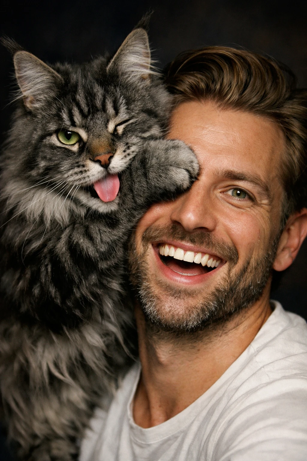 Playful man and maine coon cat close up portrait