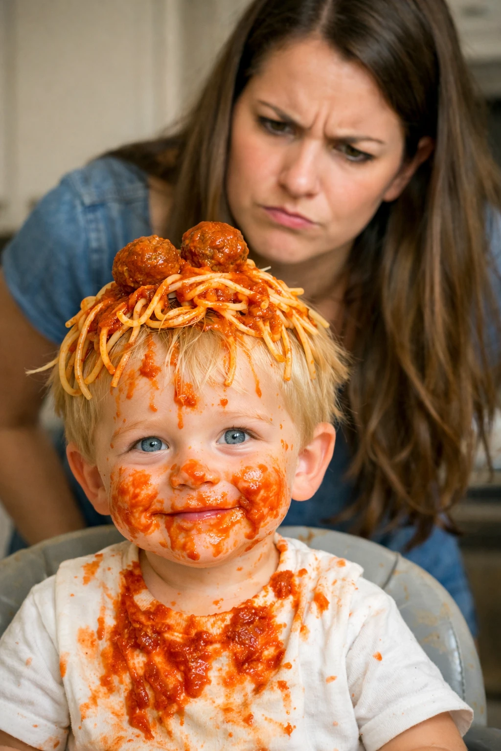 Messy toddler with spaghetti on his head and face