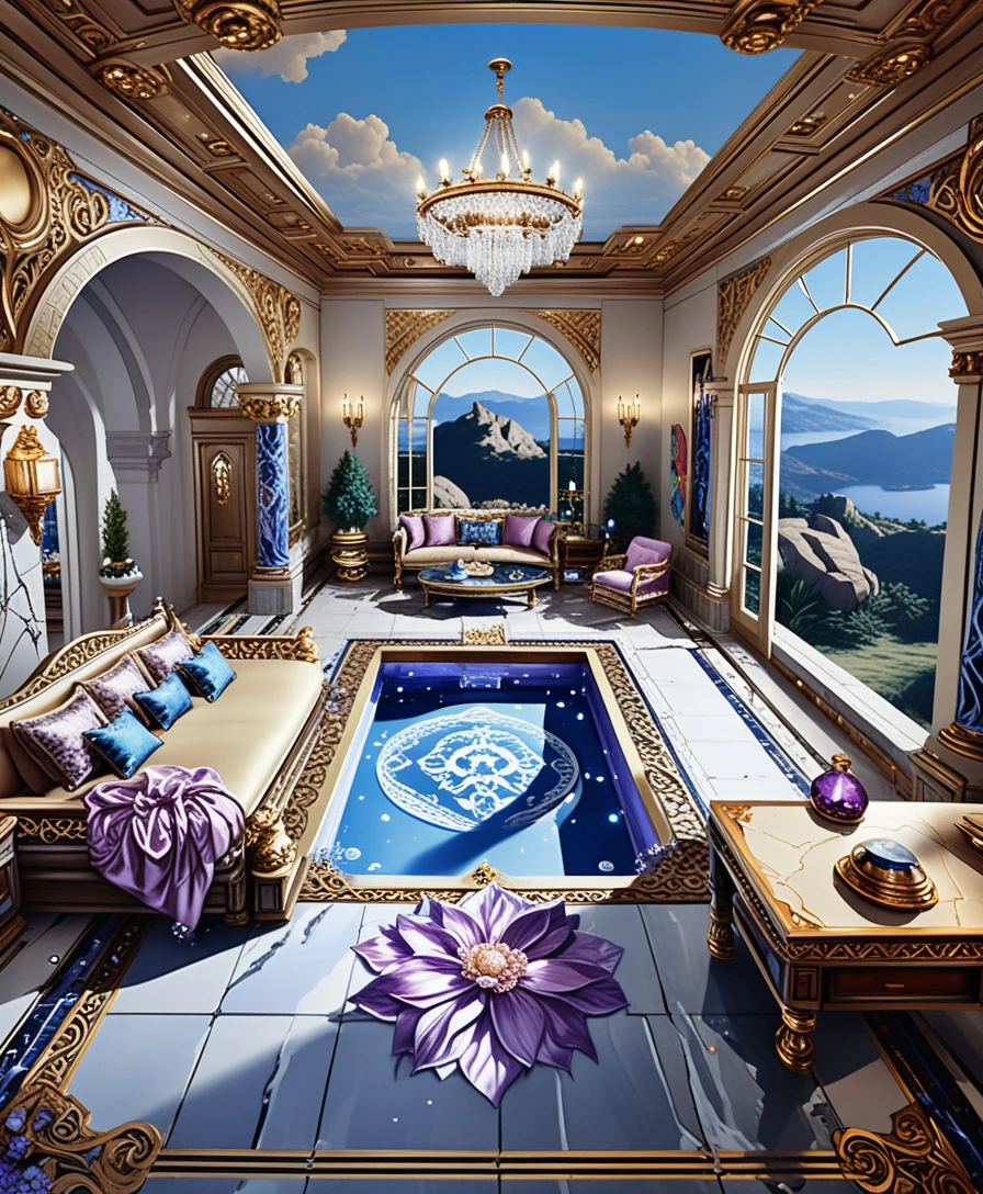Isometric luxury stone villa interior in fantasy mountain setting