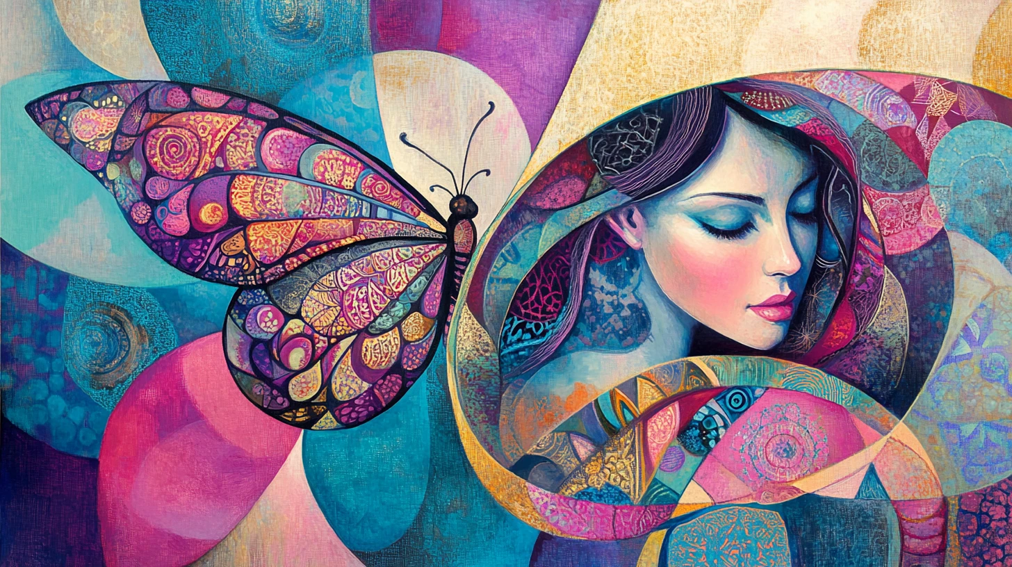 Abstract cubist woman with mandala butterfly wings