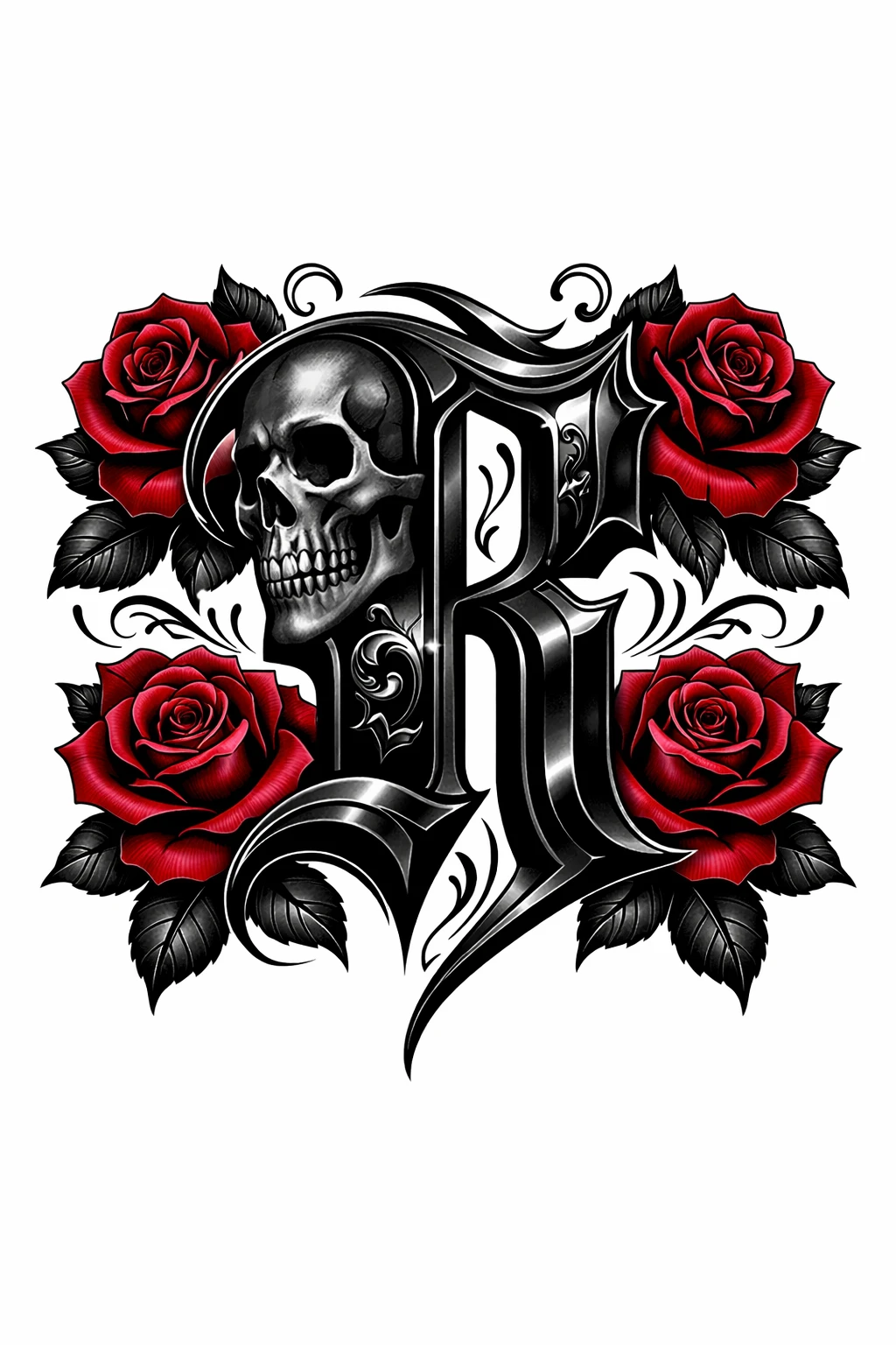 Gothic-Blackletter-Schädel mit dunkelroten Rosen Tätowierungsdesign