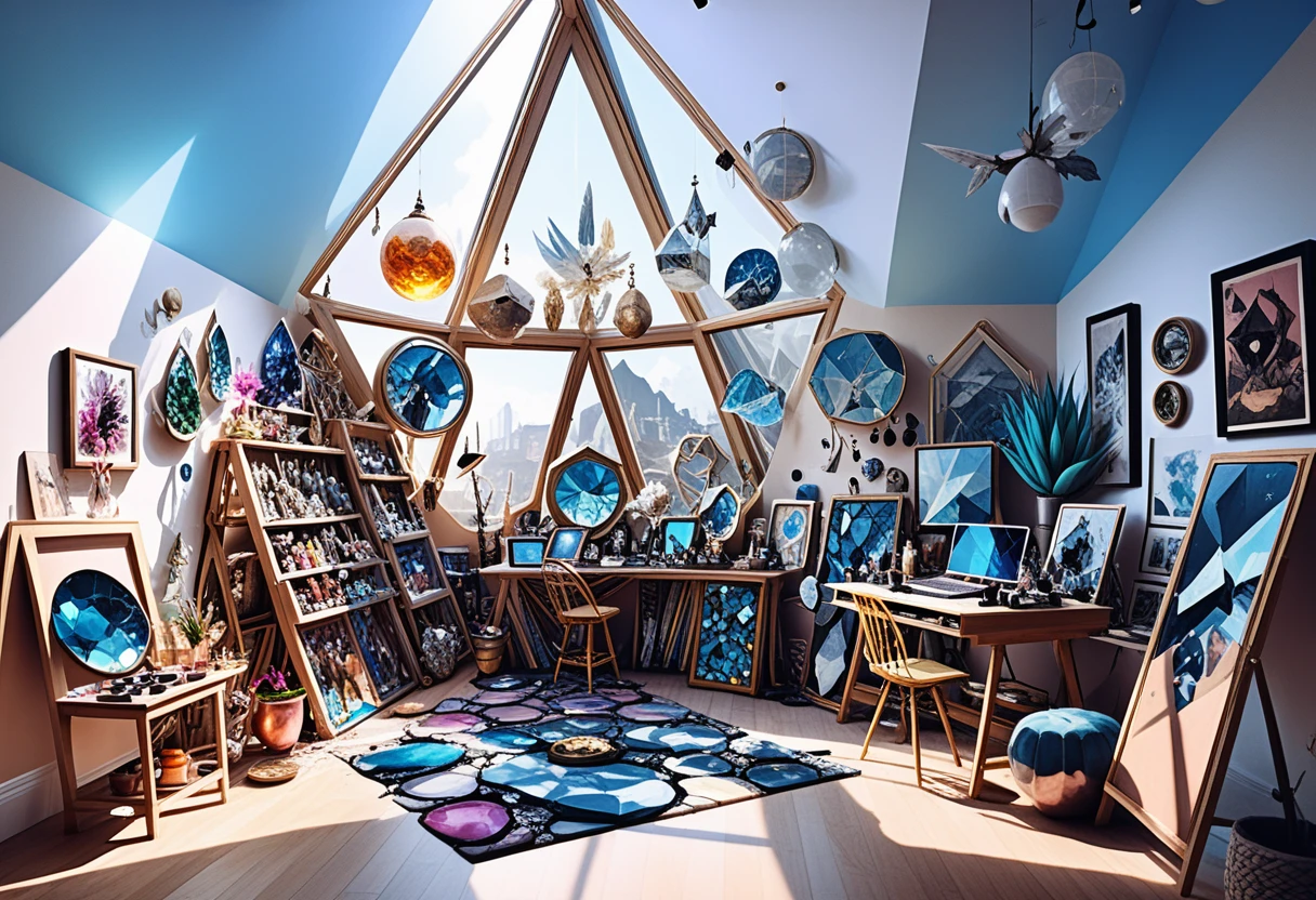 Solarpunk-Loftstudio mit Leinwand und Kristall-Displays