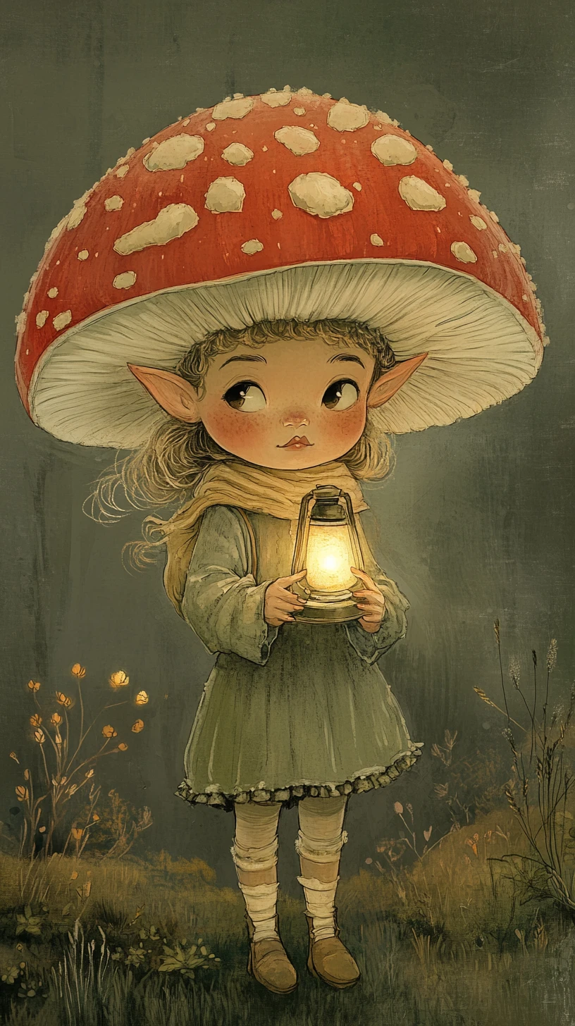 Bambino con cappello a fungo che regge una minuscola lanterna luminosa