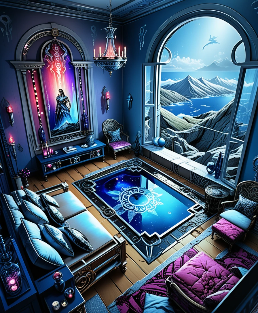 Intérieur isométrique de villa de luxe en pierre dans un paysage de montagne